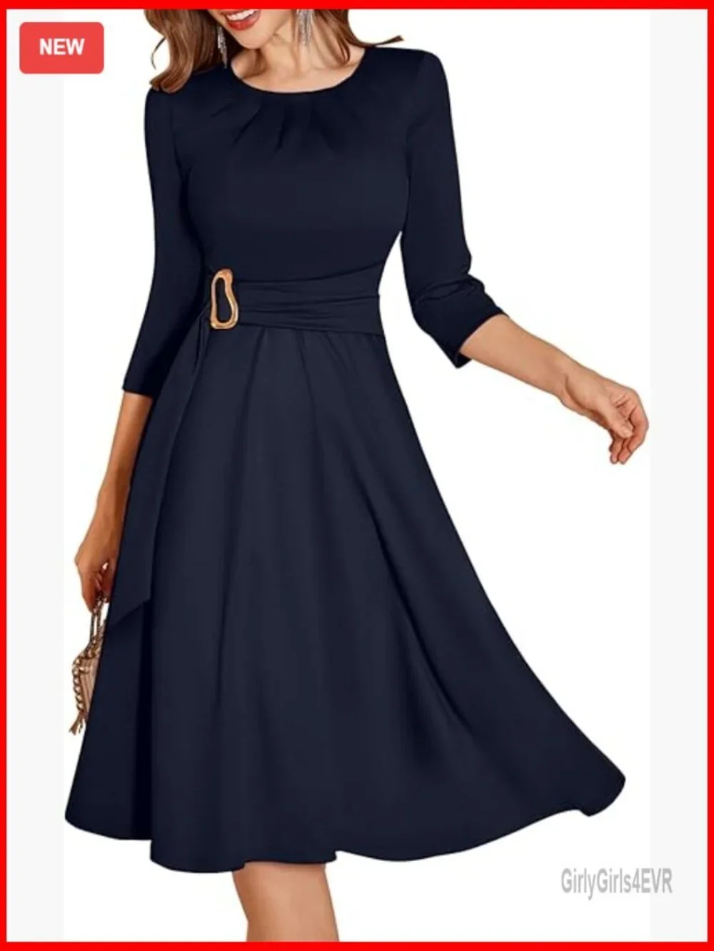 Elegant 3/4 Sleeve Fit & Flare Midi Cocktail Dress Formal Party